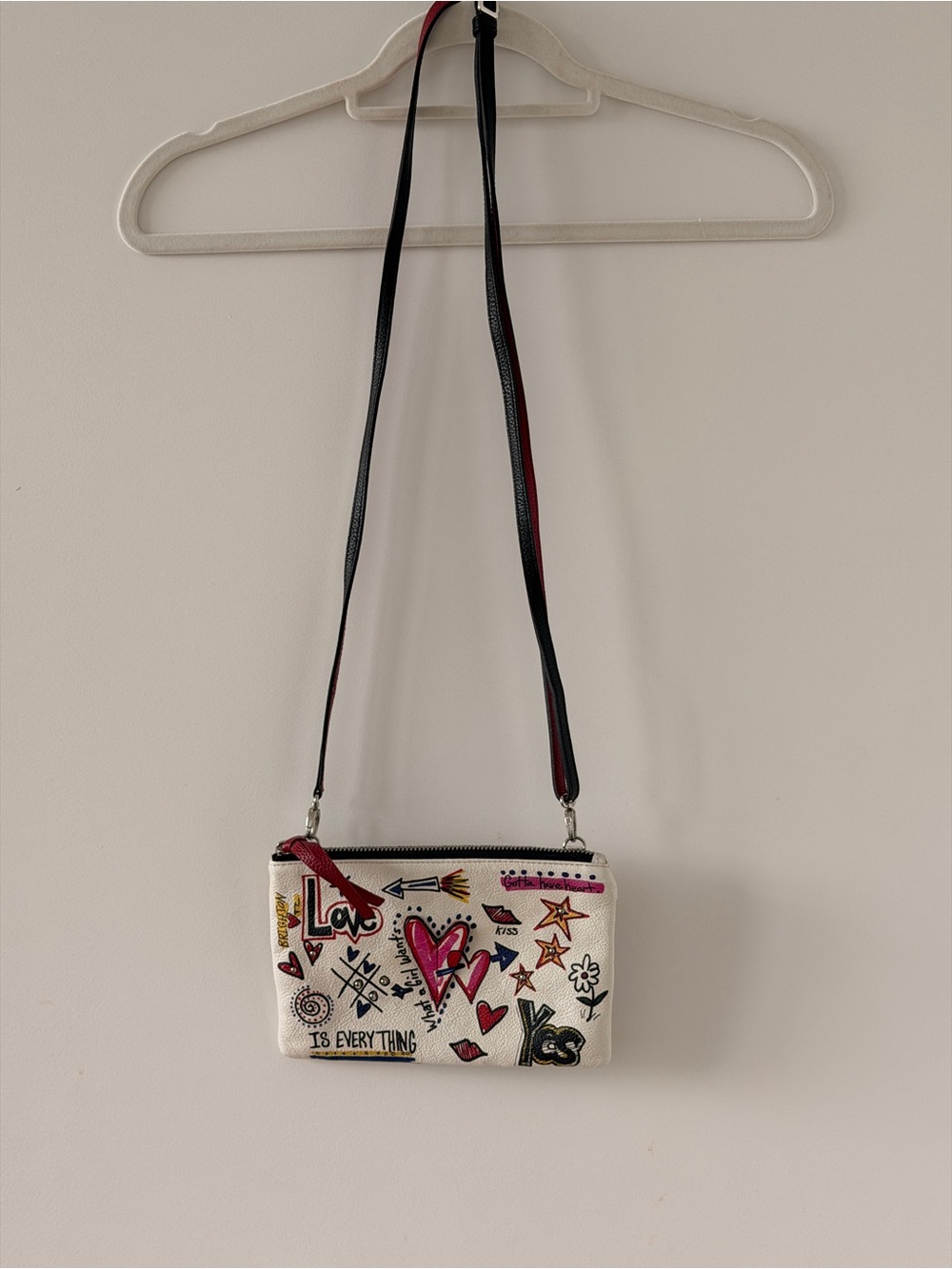 Brighton White Graffiti Crossbody Wallet with Pink and Black Accents